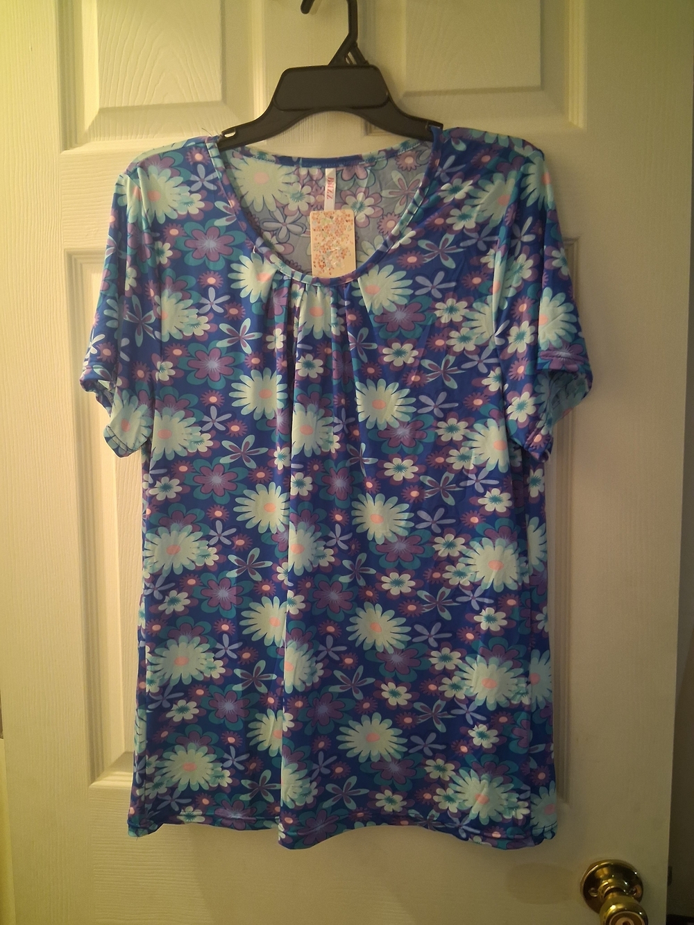 Blue Floral Scoop Neck Short Sleeve Tee - By Buzz